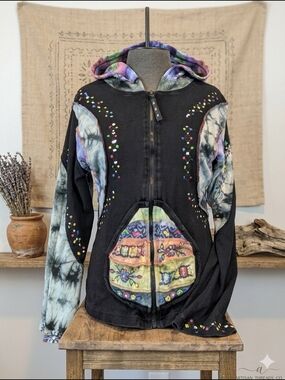 Artisan Boho Patchwork Zip-Up Hoodie Earthy Tie-Dye & Embroidery